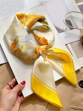 Silk-Look Yellow Floral Scarf - Women's Accessory
